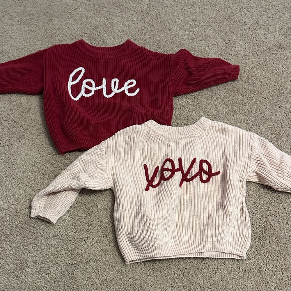 Set of Two Knit Sweaters - Red "Love" & Cream "XOXO"